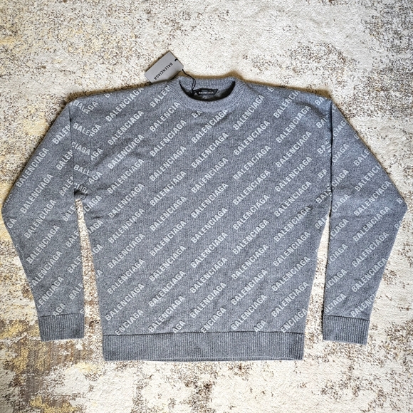Balenciaga Men's Gray S M Cashmere Reflector 3M Mini All Over Logo Crew Sweater - Picture 1 of 15